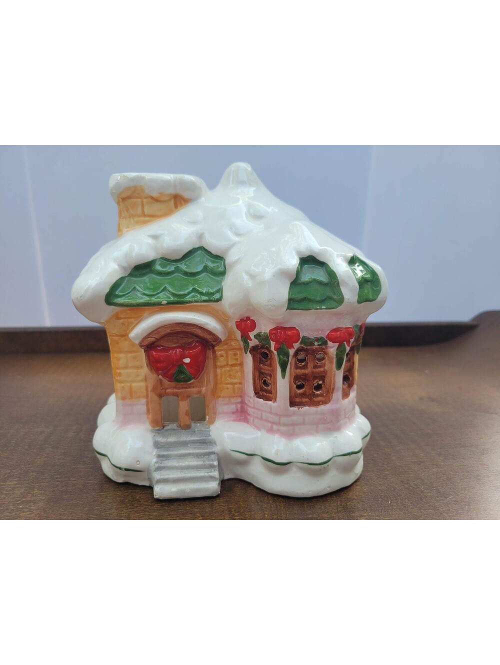 Ceramic Snowy Christmas House Candle Holder Small Holiday Decor Tabletop